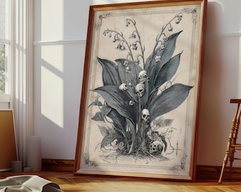 Dark Academia Skull Botanical Print Gothic Lily of the Valley Wall Art Vintage Macabre Decor