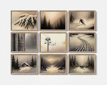 May include: Nine framed winter landscape art prints. The prints depict snowy scenes, including a skier, a ski lift, a snow-covered tree branch, and a cabin in the woods. The artwork is in muted tones of brown, grey, and white.