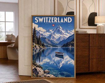 Swiss Alps Lake | Vintage Travel Poster | Cabin Decor | Wall Art Print