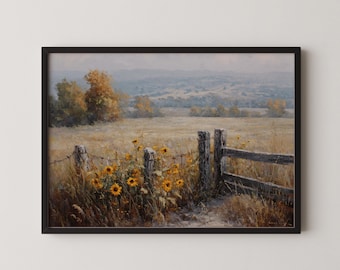 Vintage Sunflower Field Wall Art, Rustic Autumn Landscape Print, Farmhouse Digital Download