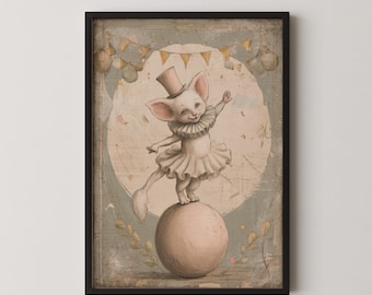Arte de parede para quarto de bebê com estampa vintage de gato de circo, decoração de carnaval, download digital.