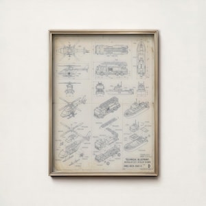 Op de afbeelding: Een ingelijste technische blauwdruk met gedetailleerde illustraties van verschillende hulpverleningsvoertuigen, waaronder helikopters, brandweerwagens en boten. De print heeft een vintage uitstraling met een beige achtergrond en blauwe lijntekeningen. De tekst luidt "TECHNICAL BLUEPRINT: MODULAR CITY RESCUE SERIES".