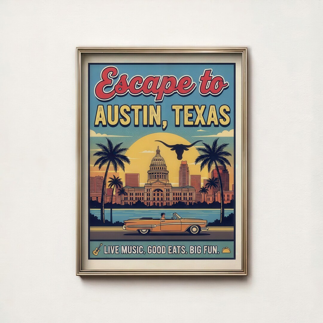 Vintage Austin Texas Travel Poster, Retro Capitol Building Art (digital ...