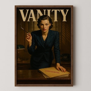 Retro Noir Frau Chef Digitaler Kunstdruck, 50er Jahre Stil Büro Dekor, Vintage Femme Fatale Wandkunst, Chiaroscuro Beleuchtung