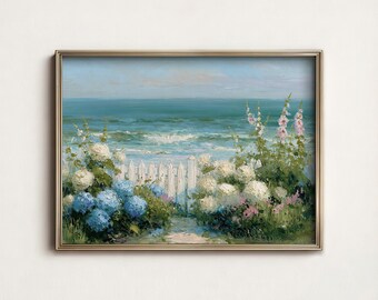 Coastal Hydrangea Print, Vintage Ocean Landscape Wall Art, Beach House Decor, Digital Download