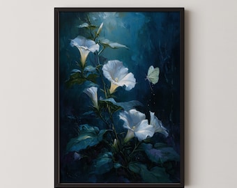 Estampado floral melancólico con flores de luna, arte mural gótico de jardín nocturno en flor.