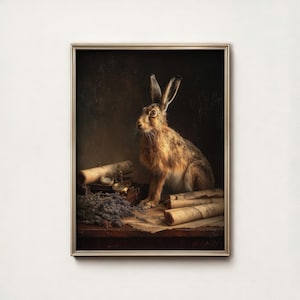 Puede incluir: Una impresión enmarcada que presenta una liebre marrón con orejas largas, sentada sobre una superficie de madera. La liebre está rodeada de rollos enrollados, un pequeño reloj y lavanda seca. La obra de arte tiene un estilo vintage y clásico.