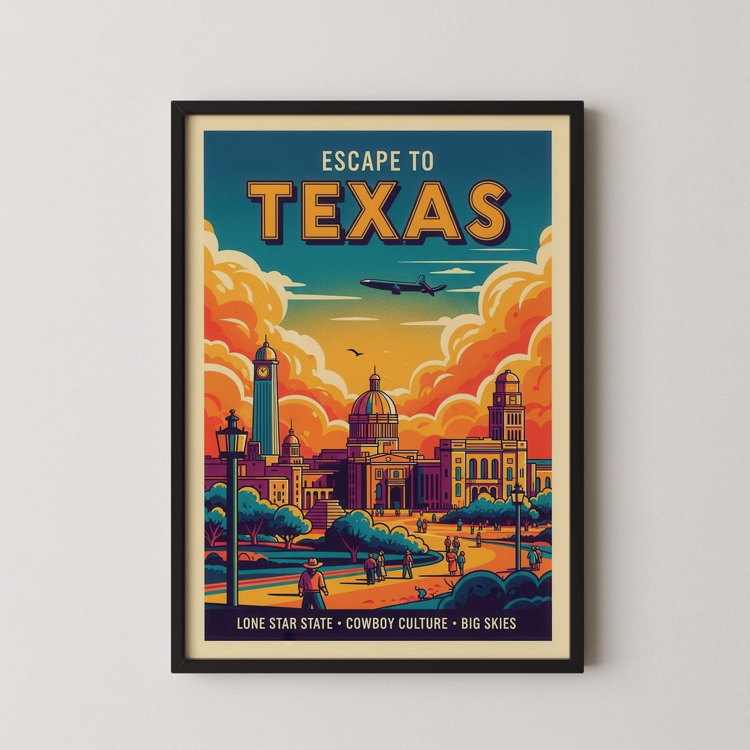 Texas Travel Poster Digital Download, Vintage Austin Skyline Wall Art ...