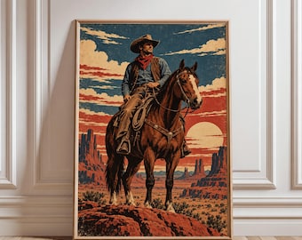 Vintage Western Cowboy on Horse Print, Rustic Desert Wall Art, Americana Rodeo Poster, Ranch Decor, Gift for Cowboy Lover (Digital Download)