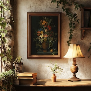 Rustic Dark Wall Art Floral Painting, Moody Warm French Country Cottage Botanical Wall Decor, Digital Art Print