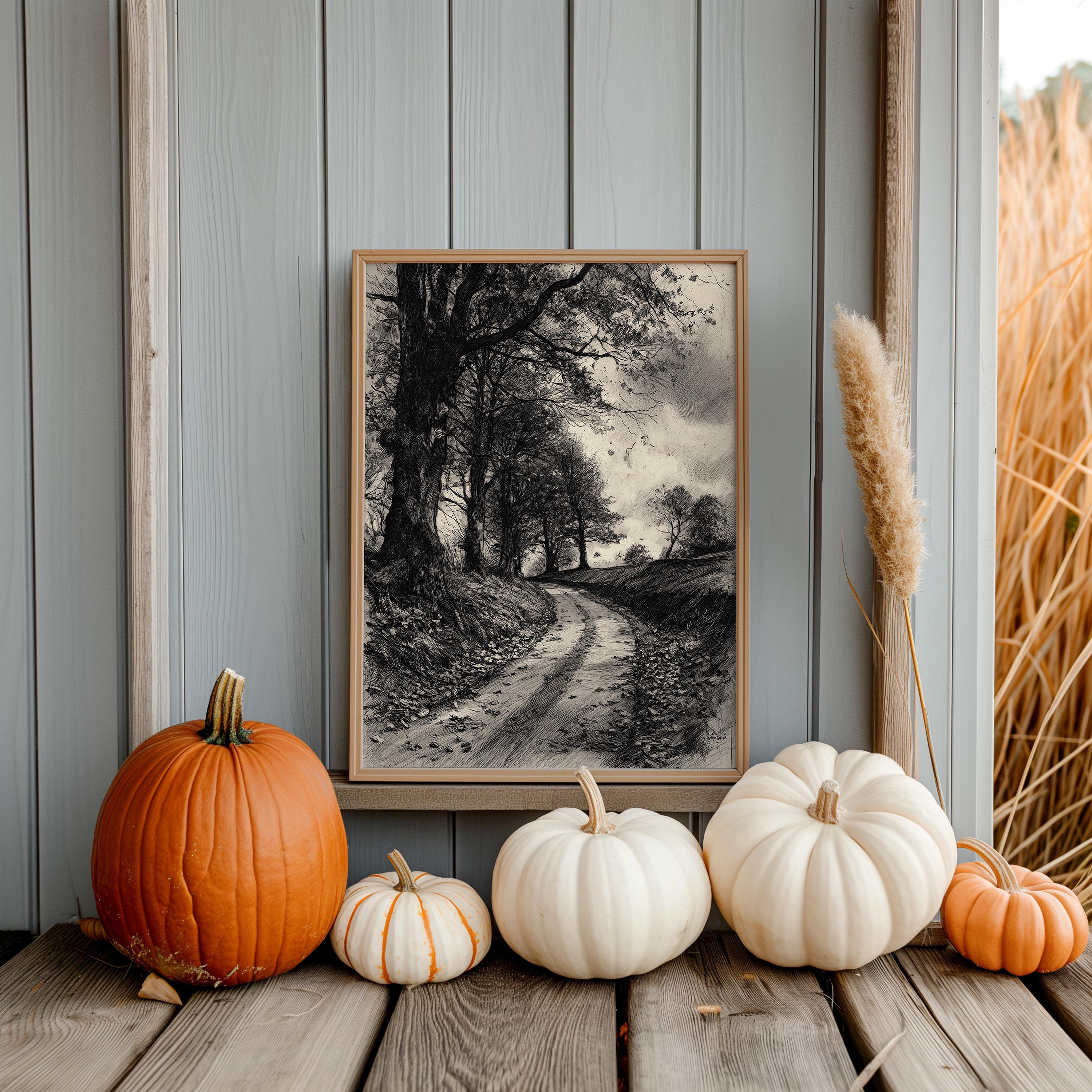 Rustic Forest Path Charcoal Sketch Print: Sepia Autumn Landscape