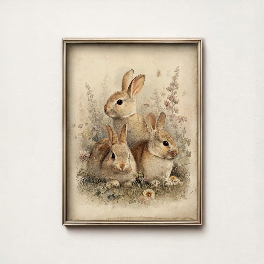Vintage Bunny Rabbit Art Print Three Fluffy Rabbits in Wildflower ...