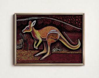 カンガルーのアボリジニスタイルキャンバスアート、鮮やかなフォーク