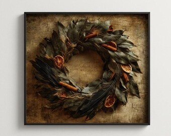 Christmas Wreath Wall Art Print, Dark Academia Botanical Decor, Rustic Holiday Digital Download