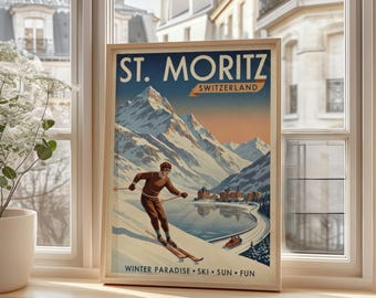 Vintage St Moritz Ski Poster, Retro Swiss Alps Travel Wall Art