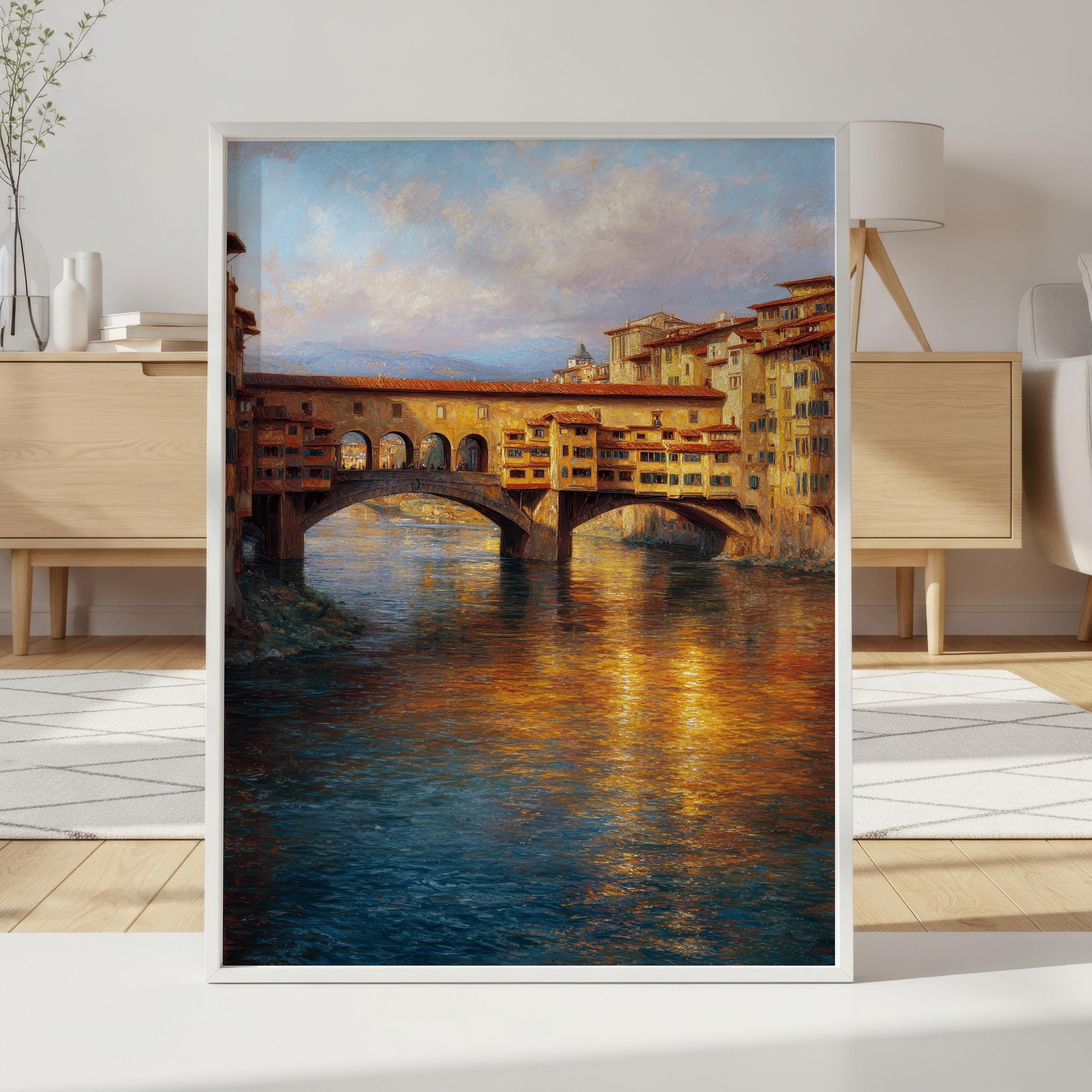 ヴィンテージフィレンツェのヴェッキオ橋の絵画、印刷可能なイタリアの