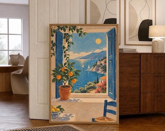Mediterranean Window View | Coastal Vintage Style | Kitchen Wall Decor | Wall Art Print