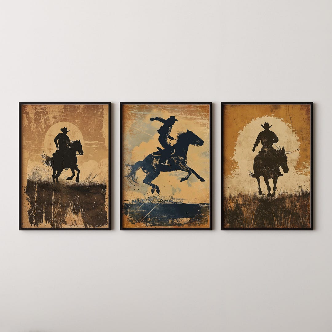 Western Cowboy Wall Art Set of 3, Abstract Rodeo Prints, Rustic Desert ...