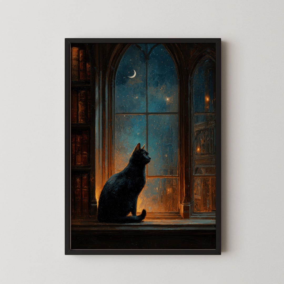 Black Cat Reading Print in a Moody Library, Dark Academia Wall Art for ...