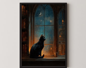 Black Cat Reading Print in a Moody Library, Dark Academia Wall Art for Book Lovers