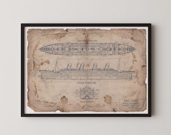 Vintage RMS Titanic Blueprint Wall Art Digital Download Nautical Ship Plan Decor