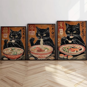 Ramen Cat Poster – Black Cat Eating Ramen, Japanese Kitchen Wall Art, Cute Noodle Food Print, Digital Download for Cat Lovers