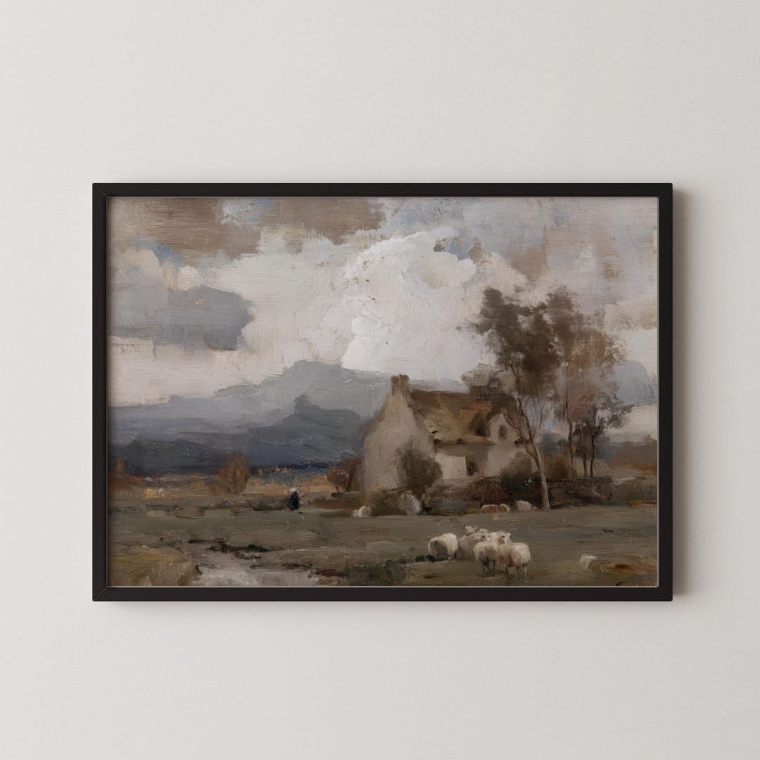 Rustic Farmhouse Sheep Landscape Oil Painting - INSTANT Digital ...