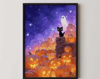 Impresión artística de calabazas de Halloween: Fantasma y gato (descarga digital)