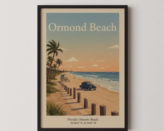 Vintage Ormond Beach Florida Travel Poster, Coastal Wall Art Print, Retro Beach Decor Digital Download