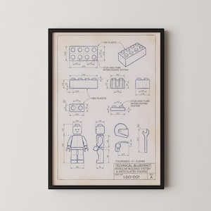 Vintage-Bauplan für Bausteine, Patentzeichnung für Spielzeugbausteine, Wandbild, Dekoration für Kinderzimmer