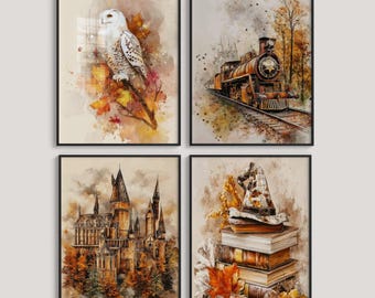 Fall Wizard School Poster Set: Autumn Magic Room Decor Digital Prints (Set of 4)