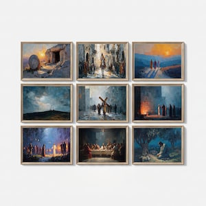 May include: Nine framed art prints depicting scenes from the Bible. The artwork features various settings, including landscapes, cityscapes, and interior scenes. The colour palette includes blues, browns, and oranges, with figures and structures in each scene.