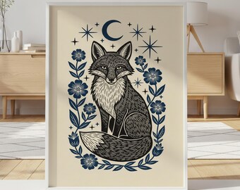 Celestial Fox Linocut Print Mystical Animal Wall Art Woodcut Style Botanical Poster Witchy Decor