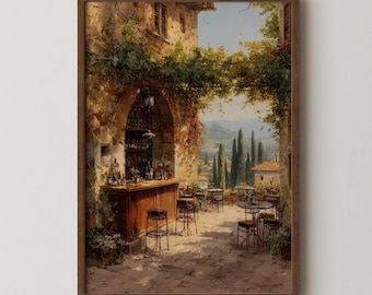 Tuscany Cafe Print: Italian Village Mediterranean Landscape (Digital Download)