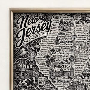 Könnte beinhalten: Schwarz-weiß illustrierte Karte von New Jersey mit dem Schriftzug "New Jersey" in einer stilisierten Schriftart. Die Karte zeigt Städte, Wahrzeichen und den Text "The Garden State". Enthält den Text "Discover Jersey Pride".