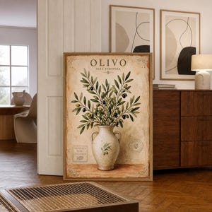 May include: A rectangular wall art print featuring a vintage-style illustration of an olive branch in a beige ceramic vase. The text reads OLIVO OLEA EUROPAEA, PROVENCE ALPES COTE D'AZUR, and RECOLTE NATURELLE. The background is a warm, aged parchment colour.