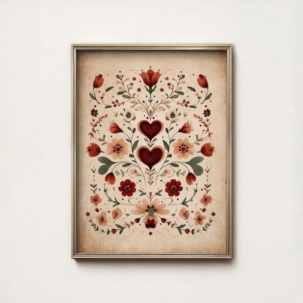 Vintage Folk Art Print Symmetrical Red Hearts Floral Wall Decor Heritage Scandinavian Style Poster