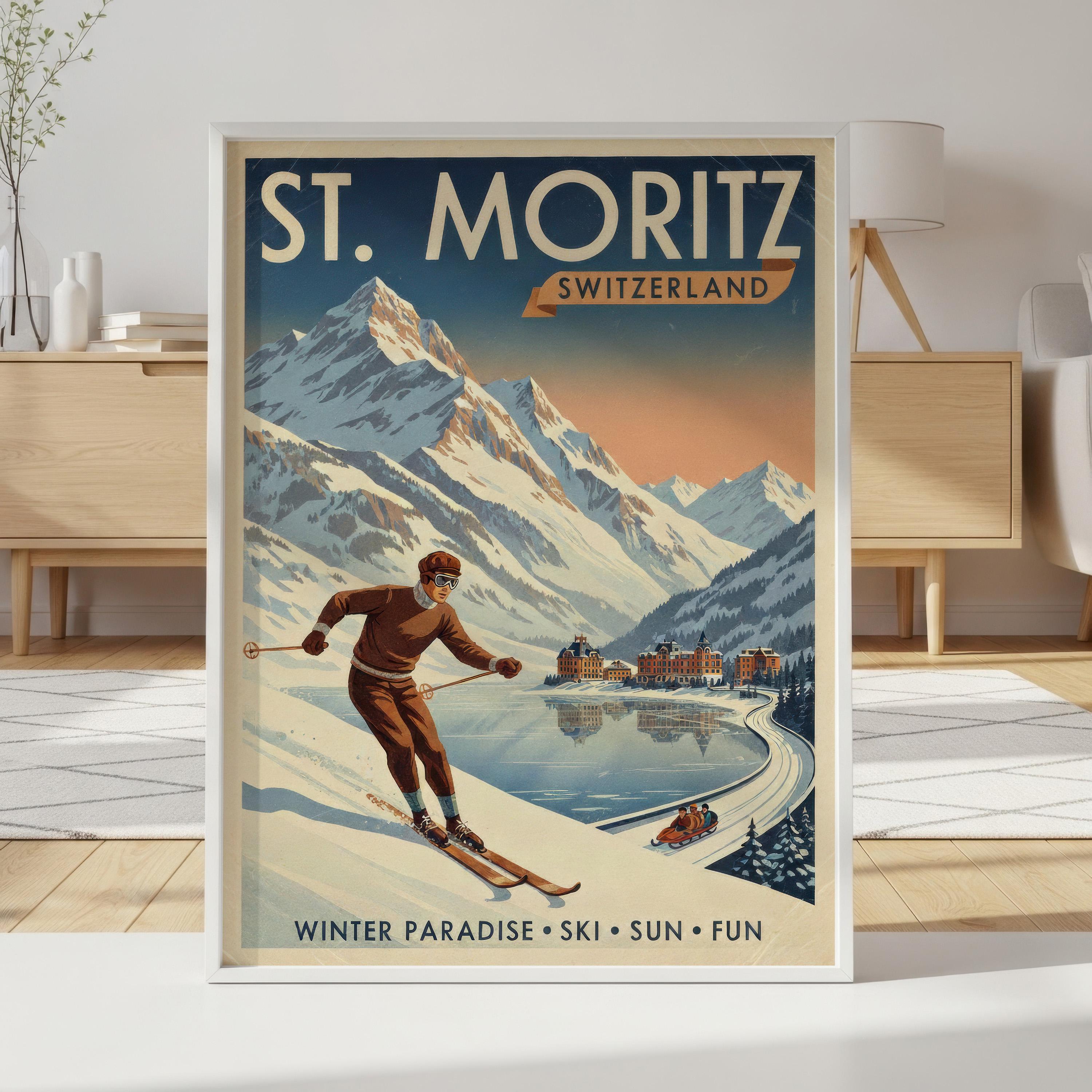 St Moritz Ski Poster Vintage Switzerland Travel Art Alpine Decor