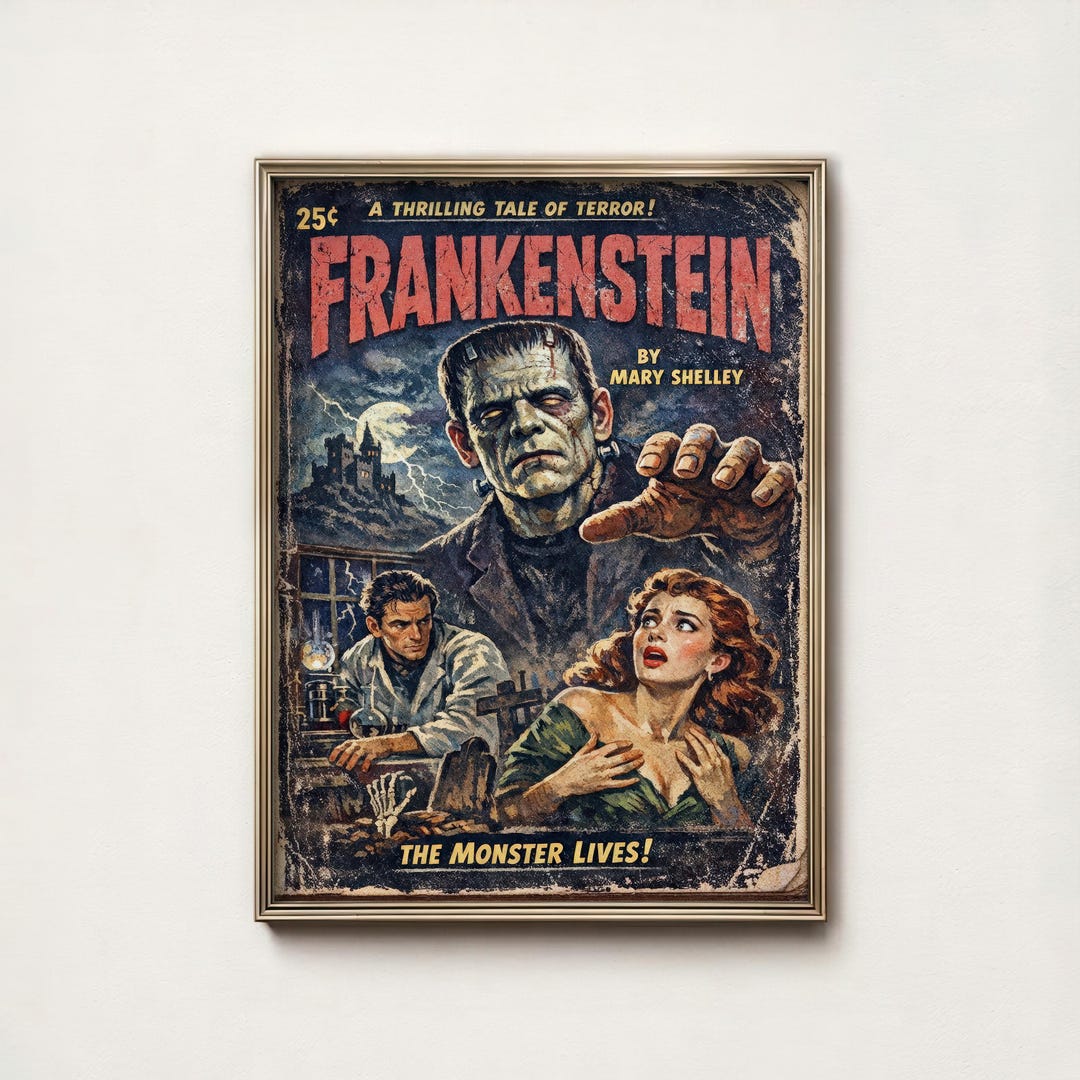 Vintage Frankenstein Horror Poster Mary Shelley Pulp Fiction Art Print ...