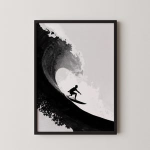 Minimalistischer Surfer Ocean Wave Schwarz Weiß Digitaldruck