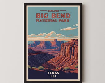 Poster van Big Bend National Park, vintage Texas WPA reisdecoratie voor aan de muur, digitale download.
