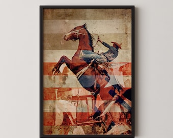 Vintage Cowboy American Flag Wall Art, Patriotic Western Print, Digital Download