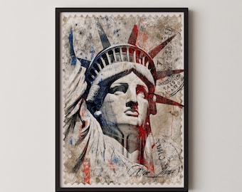 Arte vintage com selo da Estátua da Liberdade, decoração de parede patriótica em estilo grunge.