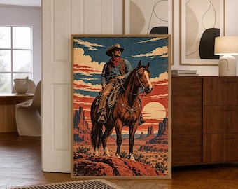 Western Cowboy on Horse | Vintage Desert Style | Ranch Living Room | Wall Art Print