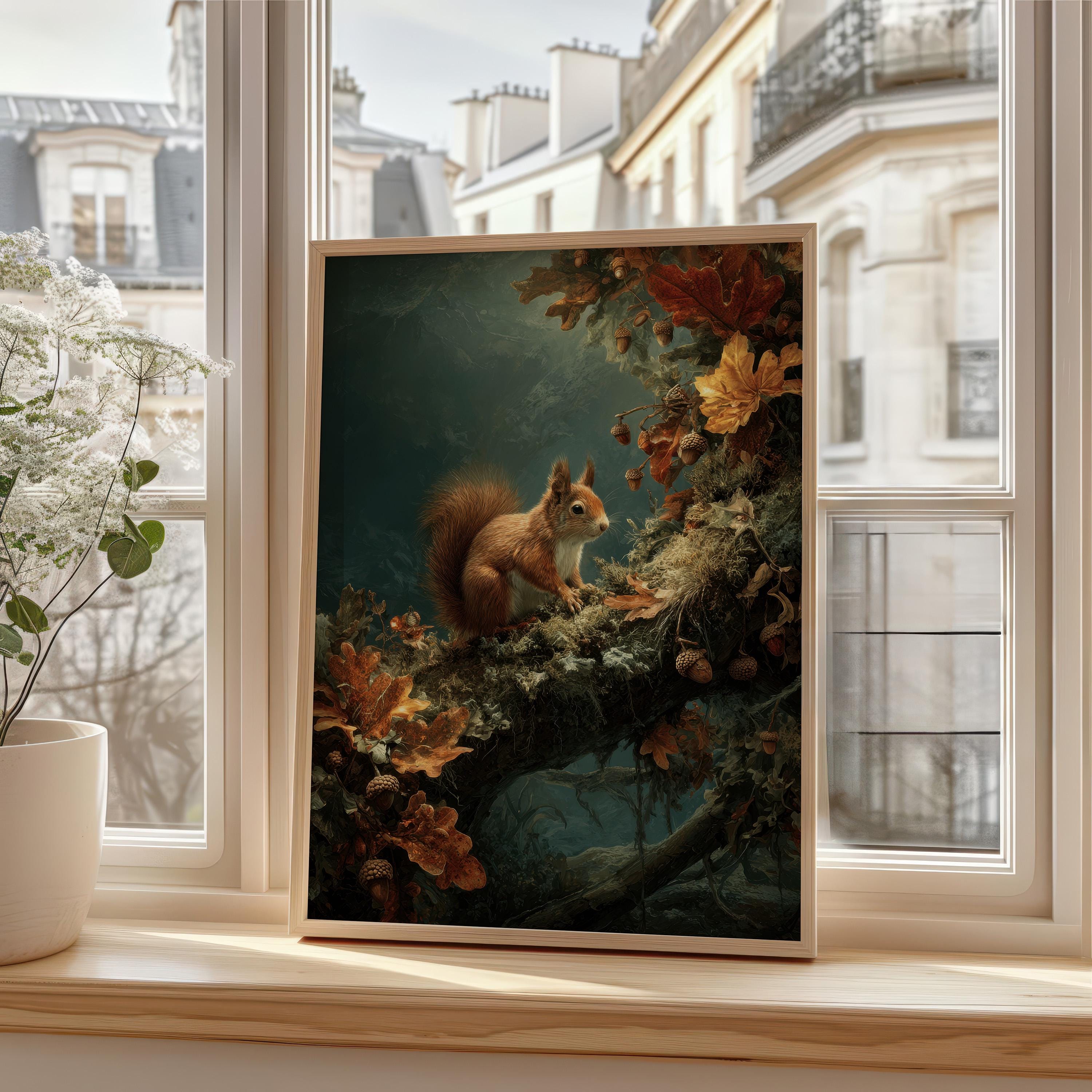 Moody Ethereal Autumn Red Squirrel Oak Tree Branch Forest Wall Art