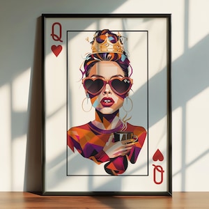 Fille café reine de coeur - Art mural imprimable cartes à jouer • Poster Pop Art confortable • Décoration d'intérieur preppy