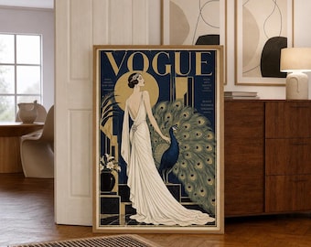 May include: A framed wall art print featuring a vintage Vogue magazine cover illustration. The artwork depicts a person in a long white gown standing next to a large peacock with its tail feathers fanned out against a dark blue and gold background.