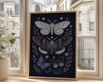 Lámina vintage de polillas y mariposas, arte mural de entomología, decoración estilo academia oscura, descarga digital.