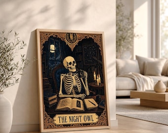 Vintage Night Owl Tarot Card Print, Skeleton Wall Art for Dark Academia Decor, Digital Download
