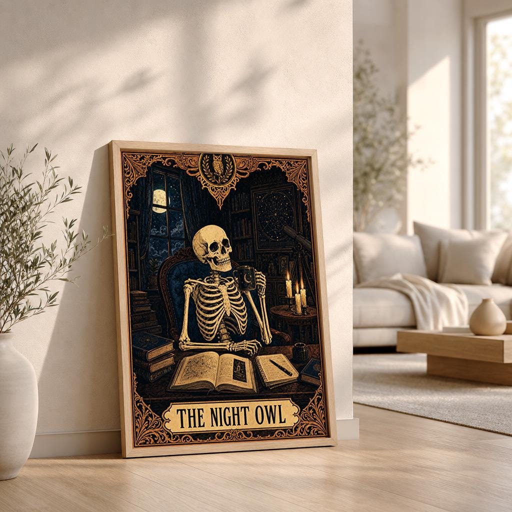 Vintage Night Owl Tarot Card Print, Skeleton Wall Art for Dark Academia Decor, Digital Download